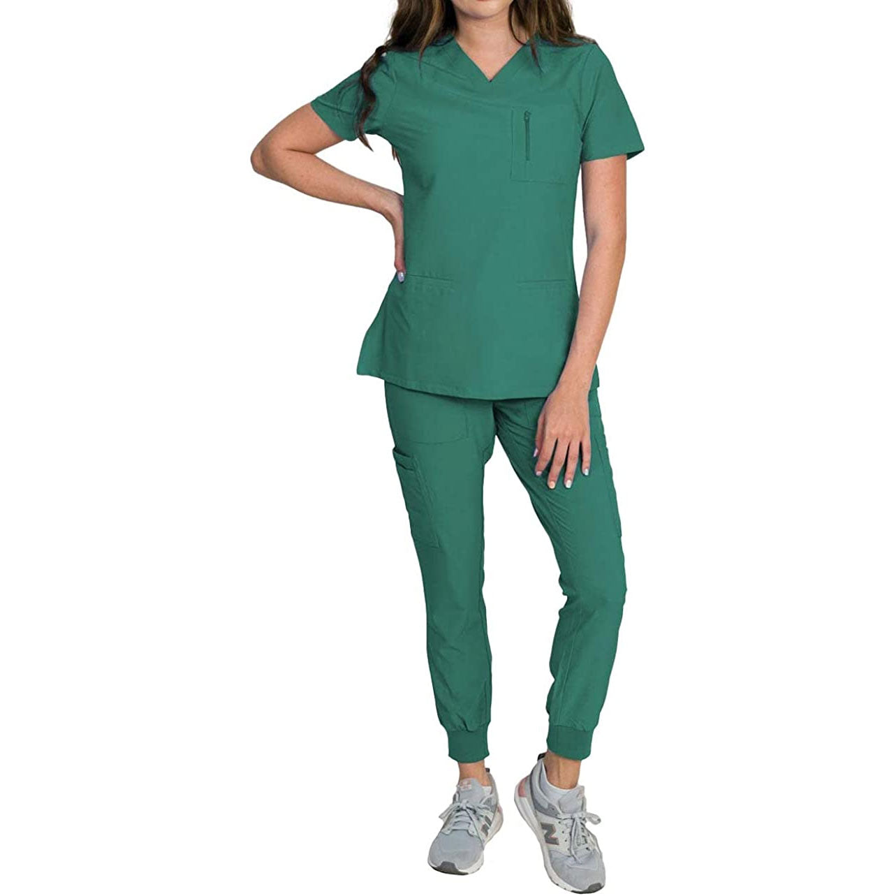 Medgear Fleur Women's Stretch Scrub Set with Zip Chest Pocket Top and Knit Rib Cuffs Jogger Pants