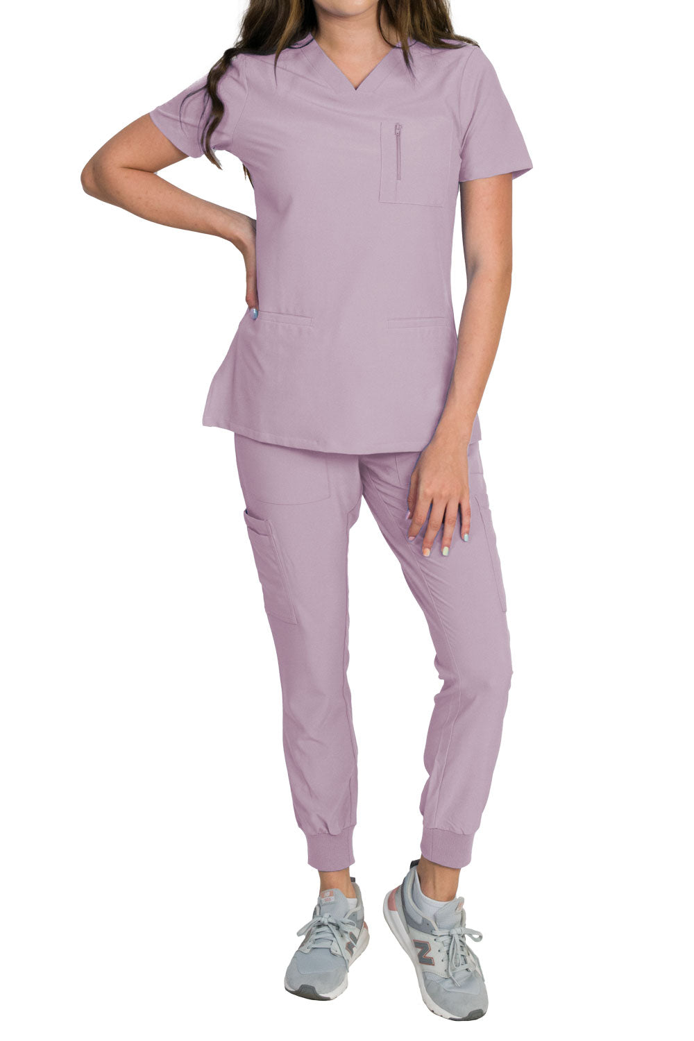 Medgear Fleur Women's Stretch Scrub Set with Zip Chest Pocket Top and Knit Rib Cuffs Jogger Pants