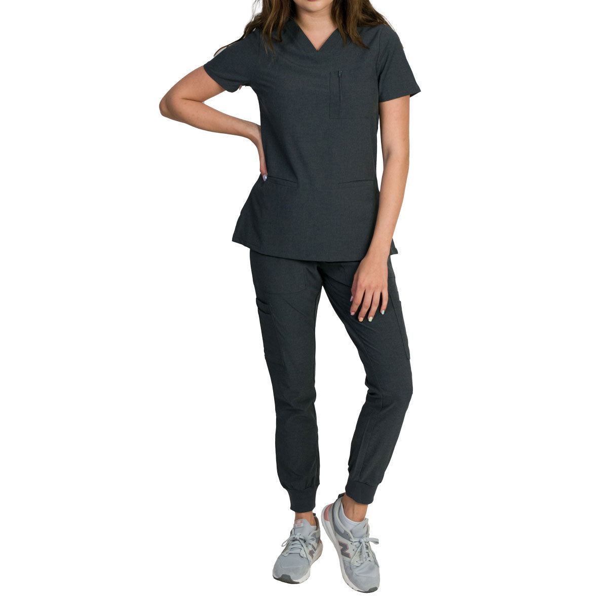 Medgear Fleur Women's Stretch Scrub Set with Zip Chest Pocket Top and Knit Rib Cuffs Jogger Pants