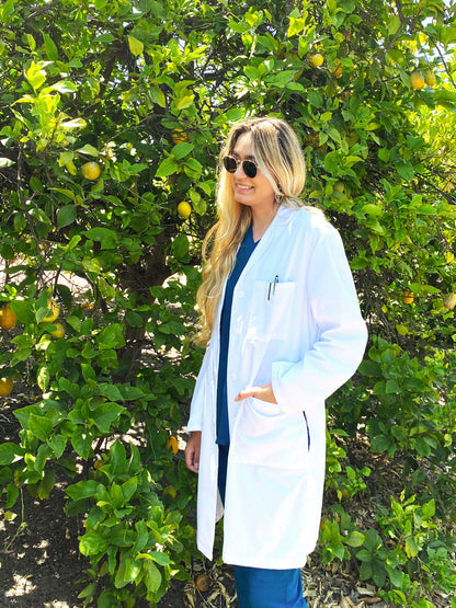 Medgear White Lab Coat 39" for Women, Long Sleeve, 5 Pocket & Back Belt
