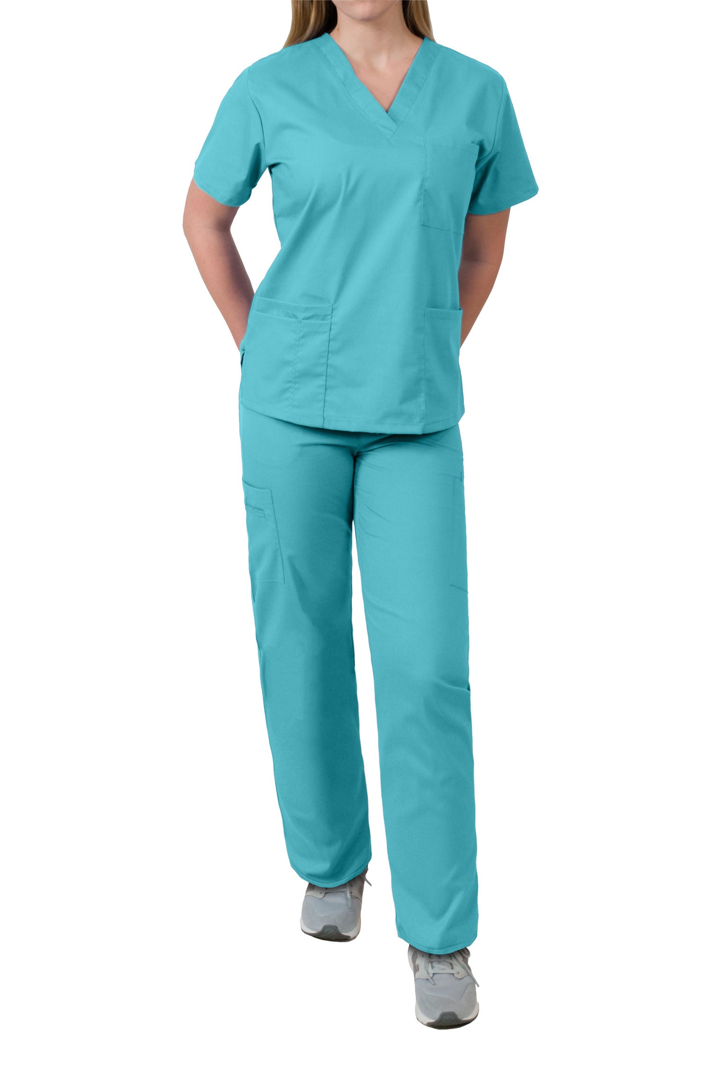 MedGear Womens Scrubs Set Medical Uniform - 4 Pocket Top & Multi-pocket Pants