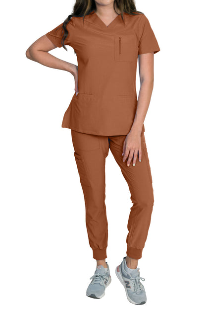 Medgear Fleur Women's Stretch Scrub Set with Zip Chest Pocket Top and Knit Rib Cuffs Jogger Pants