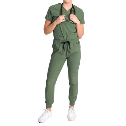 Medgear Fleur Women's Stretch Scrub Set with Zip Chest Pocket Top and Knit Rib Cuffs Jogger Pants