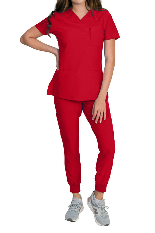 Medgear Fleur Women's Stretch Scrub Set with Zip Chest Pocket Top and Knit Rib Cuffs Jogger Pants