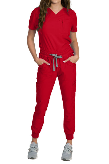 Medgear Fleur Women's Stretch Scrub Set with Zip Chest Pocket Top and Knit Rib Cuffs Jogger Pants