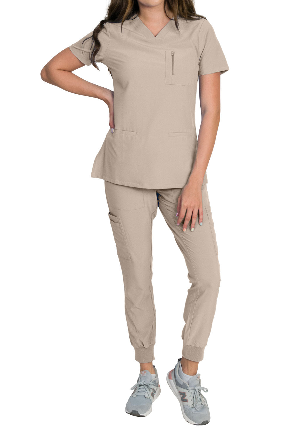 Medgear Fleur Women's Stretch Scrub Set with Zip Chest Pocket Top and Knit Rib Cuffs Jogger Pants