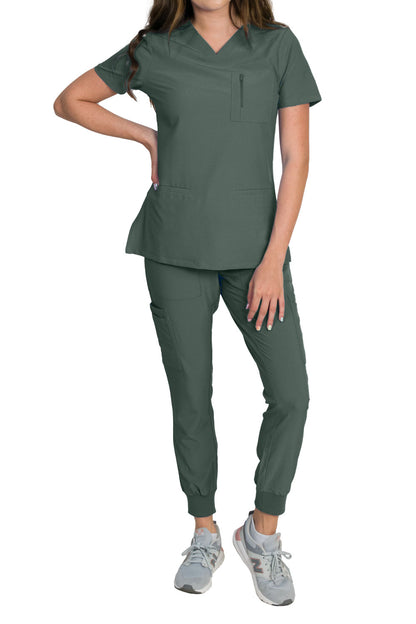 Medgear Fleur Women's Stretch Scrub Set with Zip Chest Pocket Top and Knit Rib Cuffs Jogger Pants