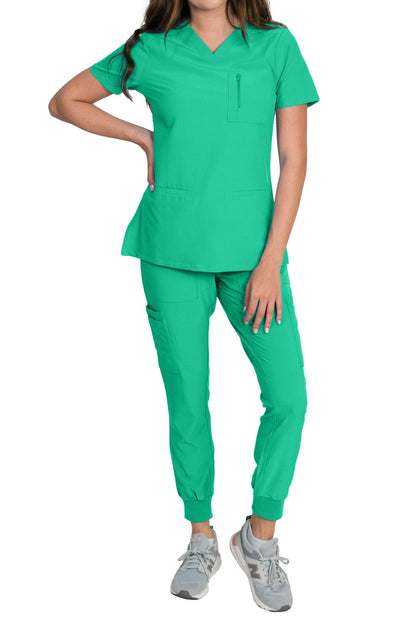 Medgear Fleur Women's Stretch Scrub Set with Zip Chest Pocket Top and Knit Rib Cuffs Jogger Pants