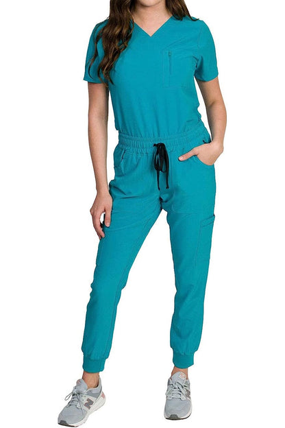 Medgear Fleur Women's Stretch Scrub Set with Zip Chest Pocket Top and Knit Rib Cuffs Jogger Pants