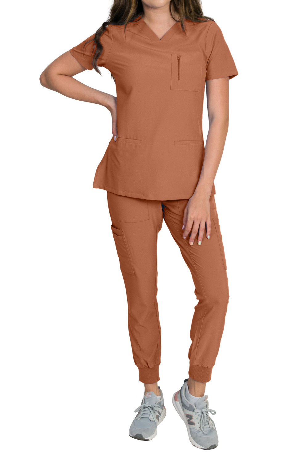 Medgear Fleur Women's Stretch Scrub Set with Zip Chest Pocket Top and Knit Rib Cuffs Jogger Pants