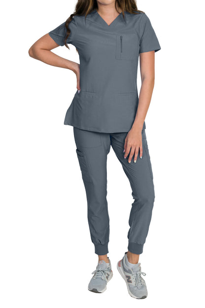 Medgear Fleur Women's Stretch Scrub Set with Zip Chest Pocket Top and Knit Rib Cuffs Jogger Pants