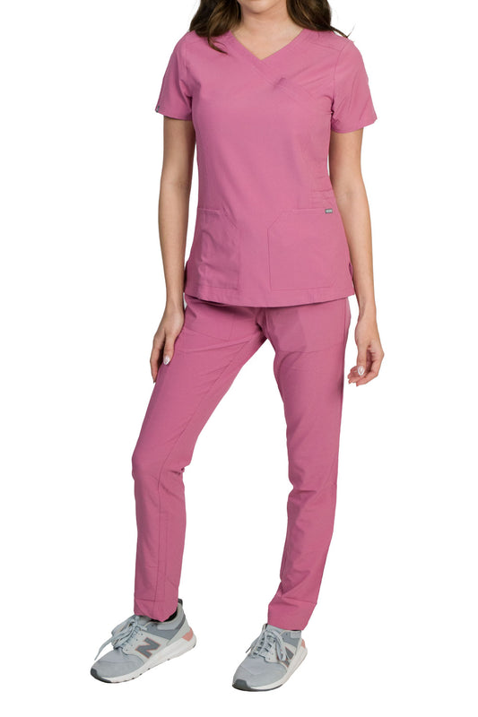 Medgear Celeste Women's Stretch Scrubs Set Cross Over Neckline Top and Slim Leg Pants