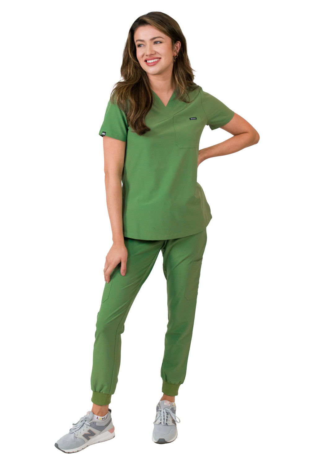 Medgear Aurora Women's Scrubs Set, V-Neck One Pocket Top with Knit Rib Cuffs Jogger Pants