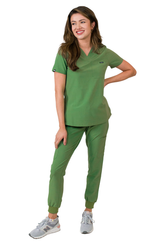 Medgear Aurora Women's Scrubs Set, V-Neck One Pocket Top with Knit Rib Cuffs Jogger Pants