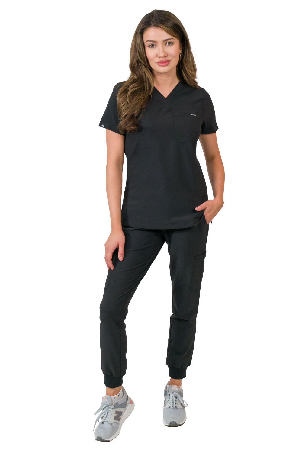 Medgear Aurora Women's Scrubs Set, V-Neck One Pocket Top with Knit Rib Cuffs Jogger Pants