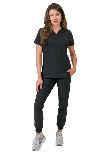 Medgear Aurora Women's Scrubs Set, V-Neck One Pocket Top with Knit Rib Cuffs Jogger Pants