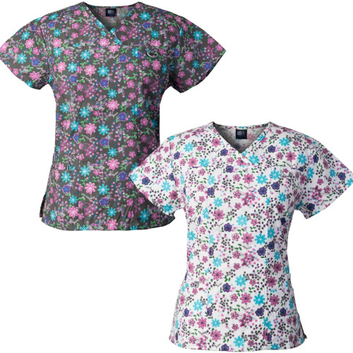 Medgear 2-PACK Womens Printed Scrub Tops with 4 Pockets & ID Loop FDCG-FDOW