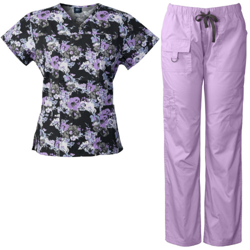Medgear Women’s Scrubs Set Multi-Pocket Top & Pants, Medical Uniform MBLK