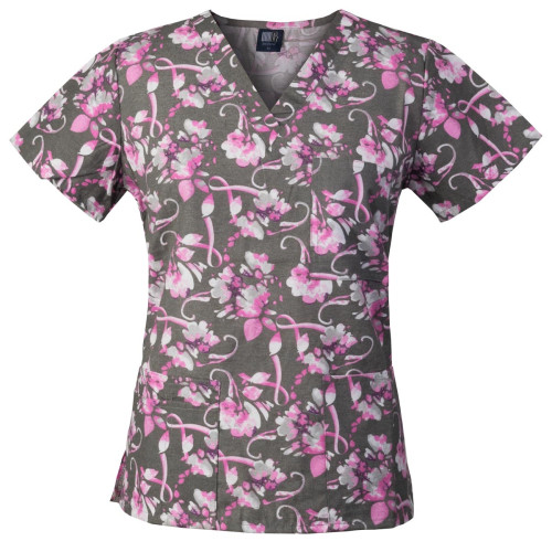 Medgear Womens Fashion Scrubs Top, Printed V-neck with 4-Pockets