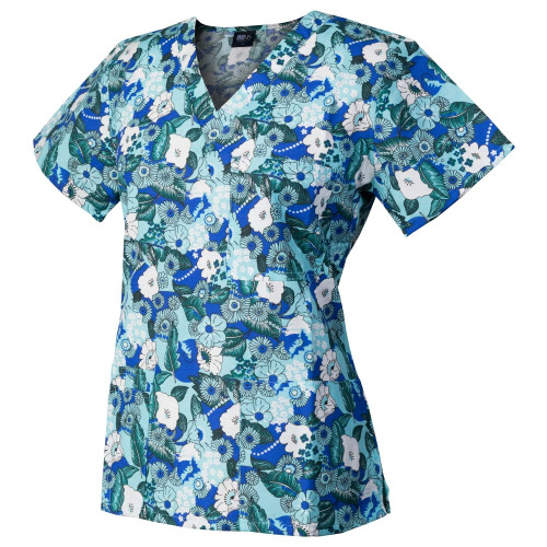 Medgear Womens Fashion Scrubs Top, Printed V-neck with 4-Pockets
