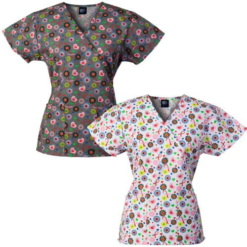 Medgear 2-PACK Womens Fashion Scrub Tops Mock-Wrap Style with Back Ties