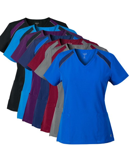 MG SuperFlex Athletic Inspired Colorblock Stretch Scrub Top with Reflective Piping Detail