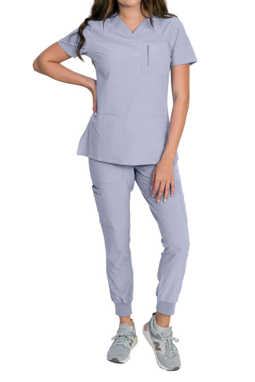 Medgear Fleur Women's Stretch Scrub Set with Zip Chest Pocket Top and Knit Rib Cuffs Jogger Pants