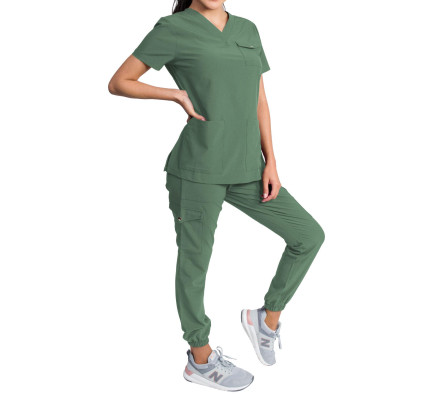Medgear Maple Women's Stretch Scrub Set Snap Closure Chest Pocket Top and Gathered Jogger Pants